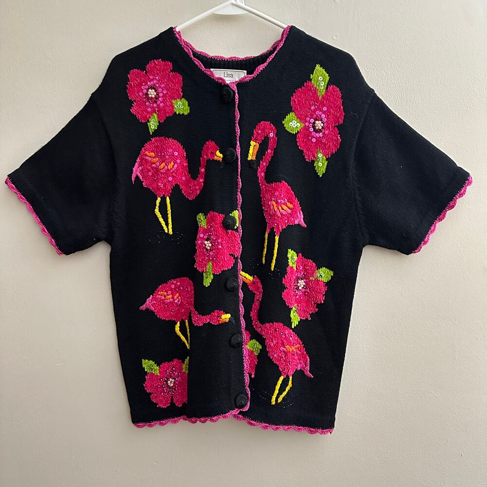 Lisa International Flamingo Beaded Sequin Cardigan Sweater Short Sleeve MEDIUM